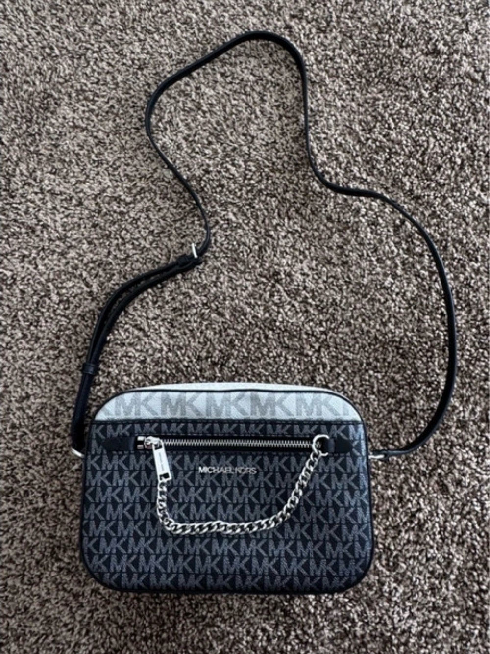 Michael Kors Black and Gray Signature MK Crossbody with Chain Accent